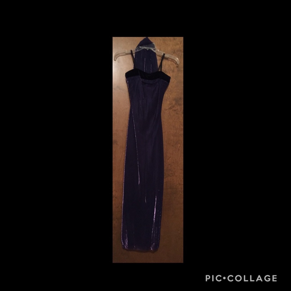 Purple & black dress with sash.